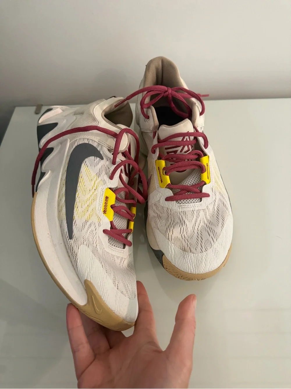 Nike Cream Sneakers with Maroon Laces and Yellow Accents